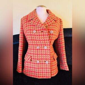Vintage Tweed Double Breasted Orange and Brown Suit Jacket Coat Blazer Small
